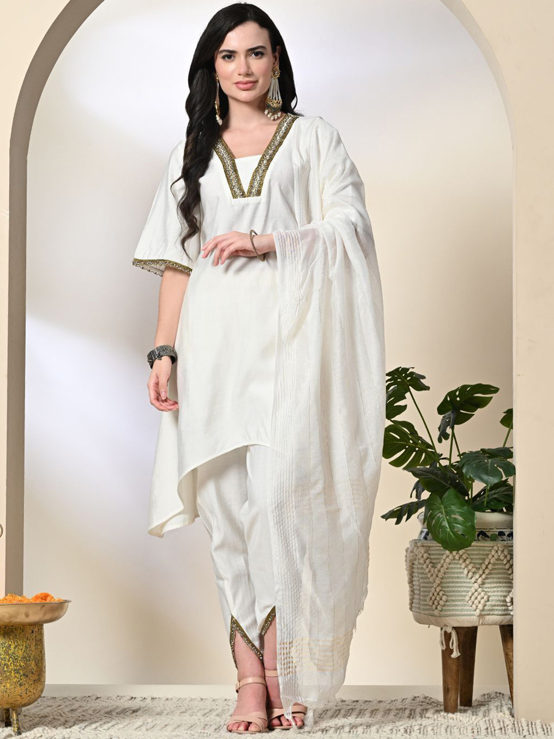 Myshka V-Neck Bell Sleeves Beaded A-Line Kurta With Dhoti Pants & Dupatta