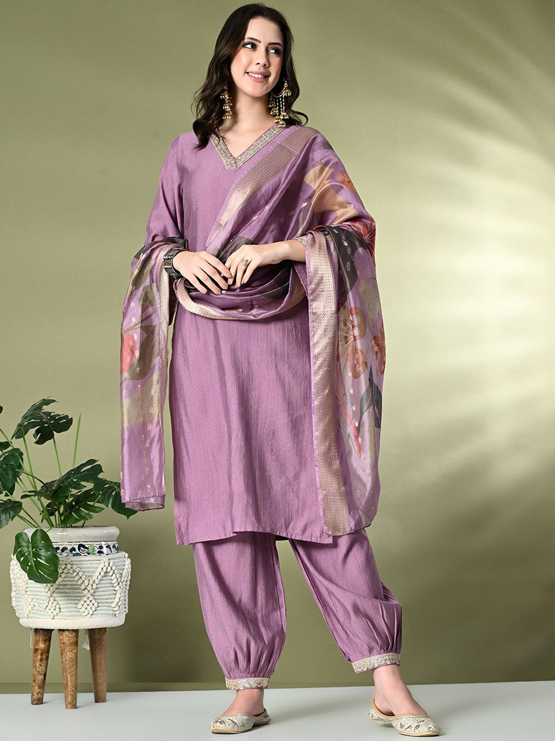 Sangria Lavender-Coloured Flared Sleeves Thread Work Straight Kurta With Salwar & Dupatta