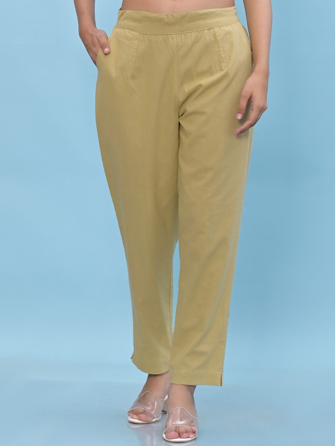 Olive Solid Cotton Pants With Partially Elasticated Waistband And Two Side Pockets