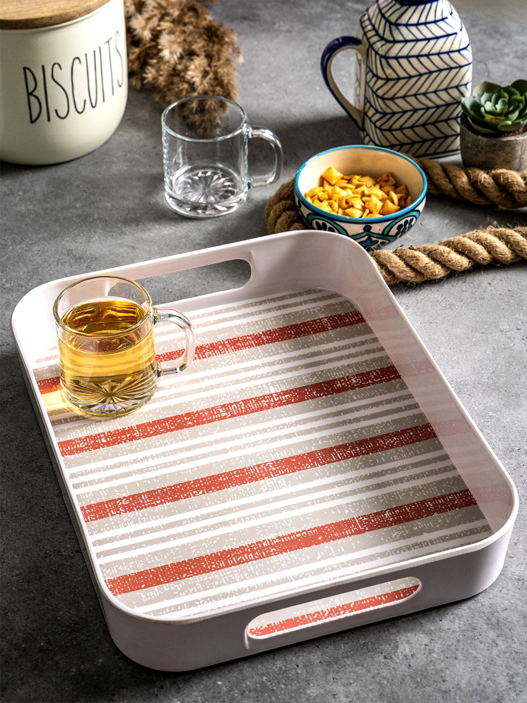 GOODHOMES   White & Orange Melamine Rectangle Printed Serving Tray