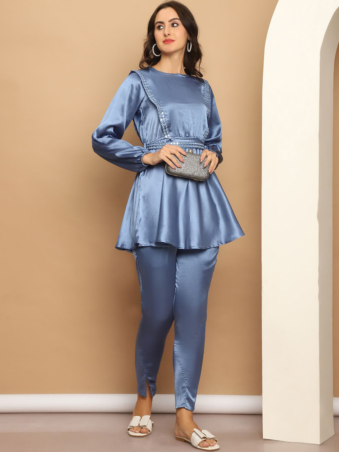 Indian Needle 3-Pcs Embroidered A-Line Top With Trouser & BeltCo-Ords