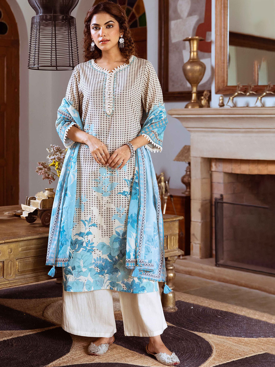KALINI Checked Mirror Work Pure Cotton Regular Kurta with Palazzos & Dupatta