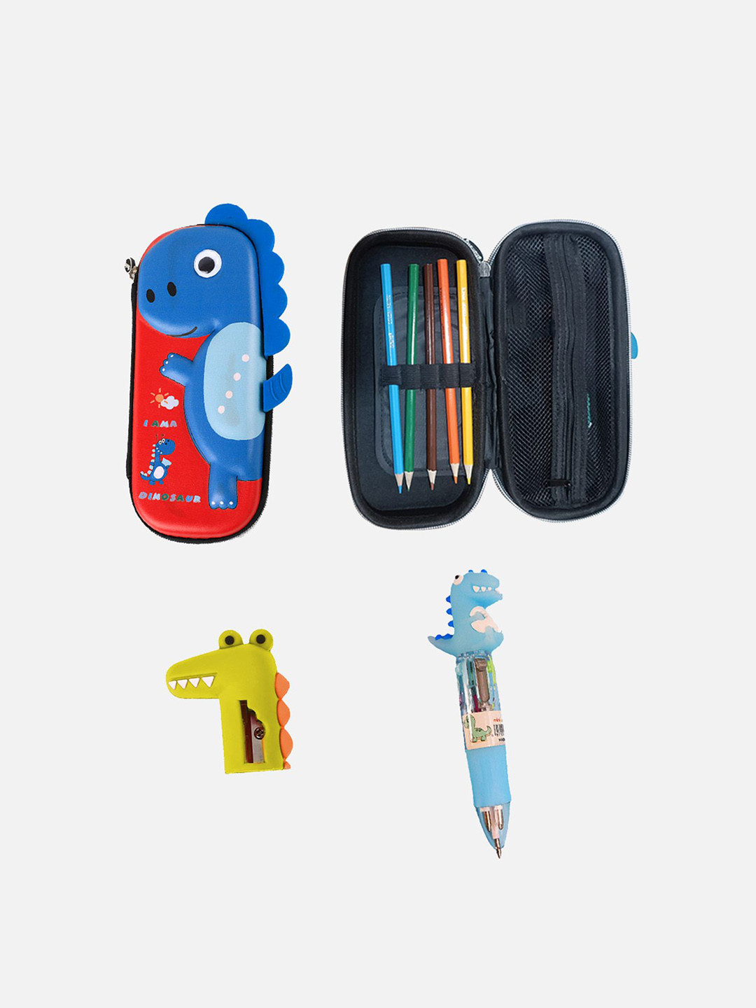 Little Surprise Box 4Pcs Red Googly Eyes Dinosaur Theme Stationery Essentials & Pouch Set