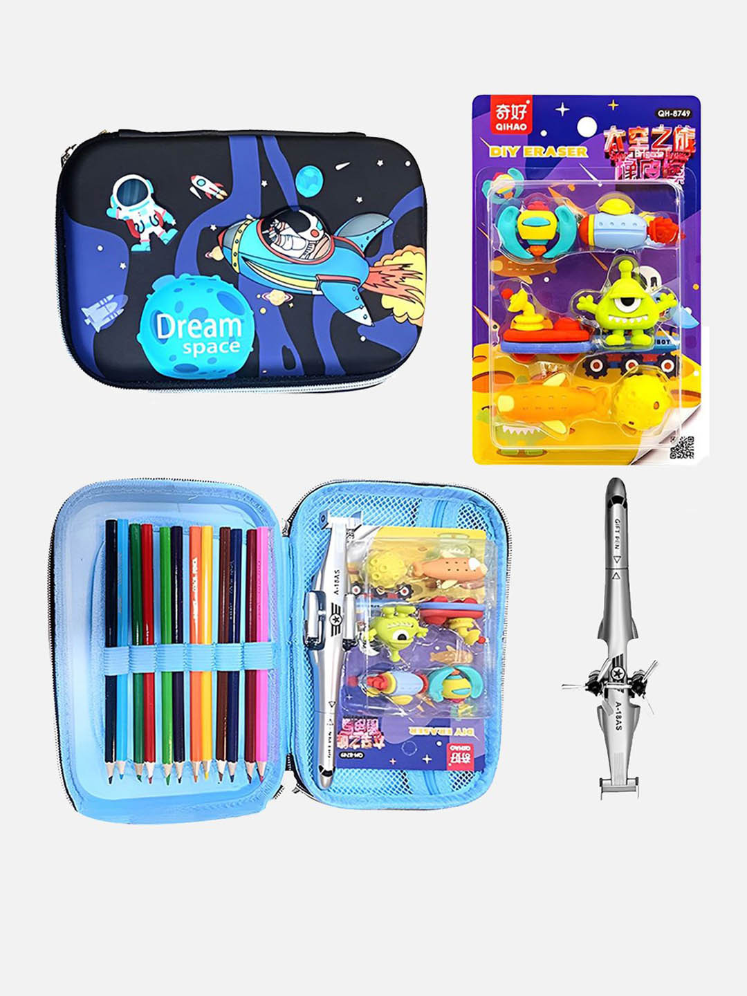 Little Surprise Box 4Pcs Black Astronaut Space Theme Stationery Essentials & Pouch Set