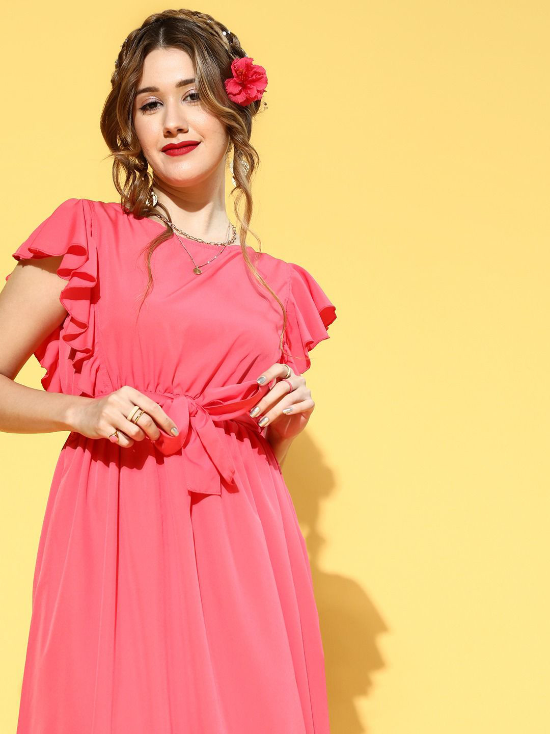 U&F Flutter Sleeve Crepe Fit & Flare Midi Dress