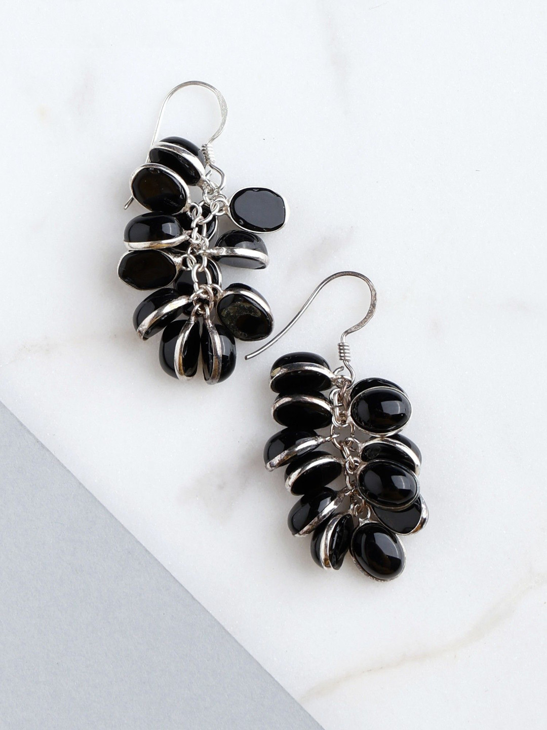 Exotic India Black Onyx Sterling Silver Bunch Earrings