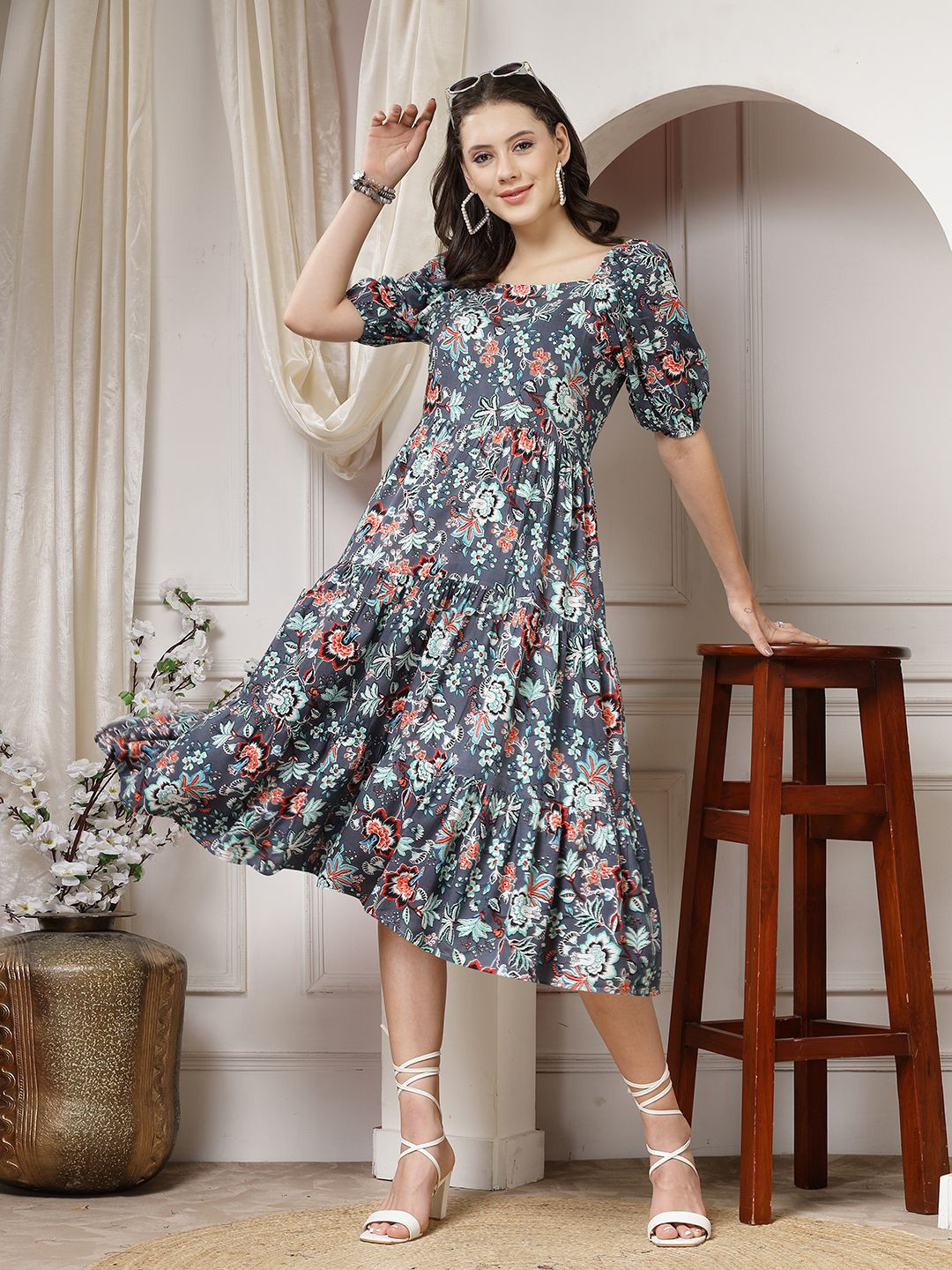 Indibelle Floral Printed Puff Sleeves Fit and Flare Midi Dress