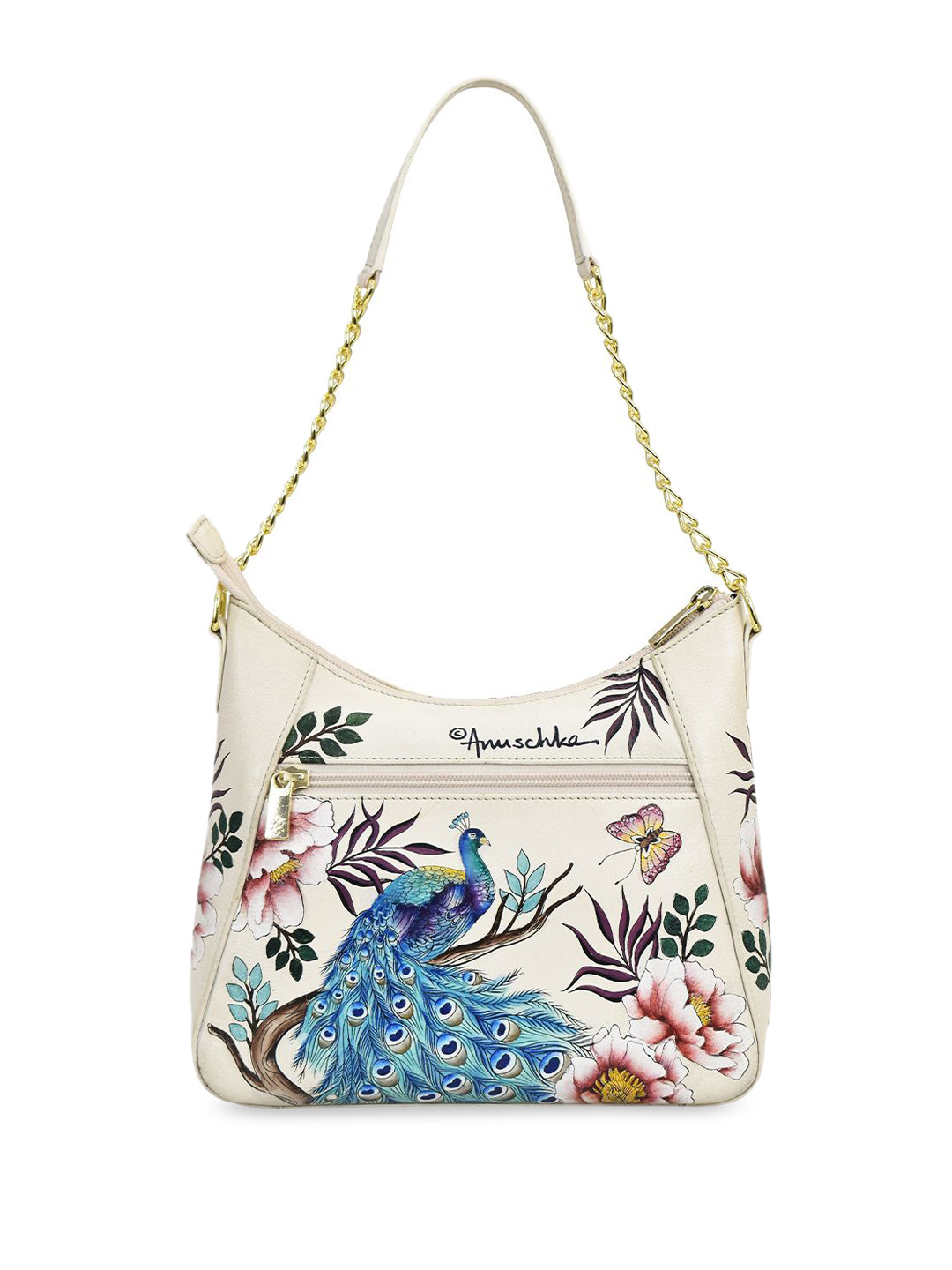 Anuschka Women Pretty Peacocks Hand painted Leather Oversized Shoulder Hobo