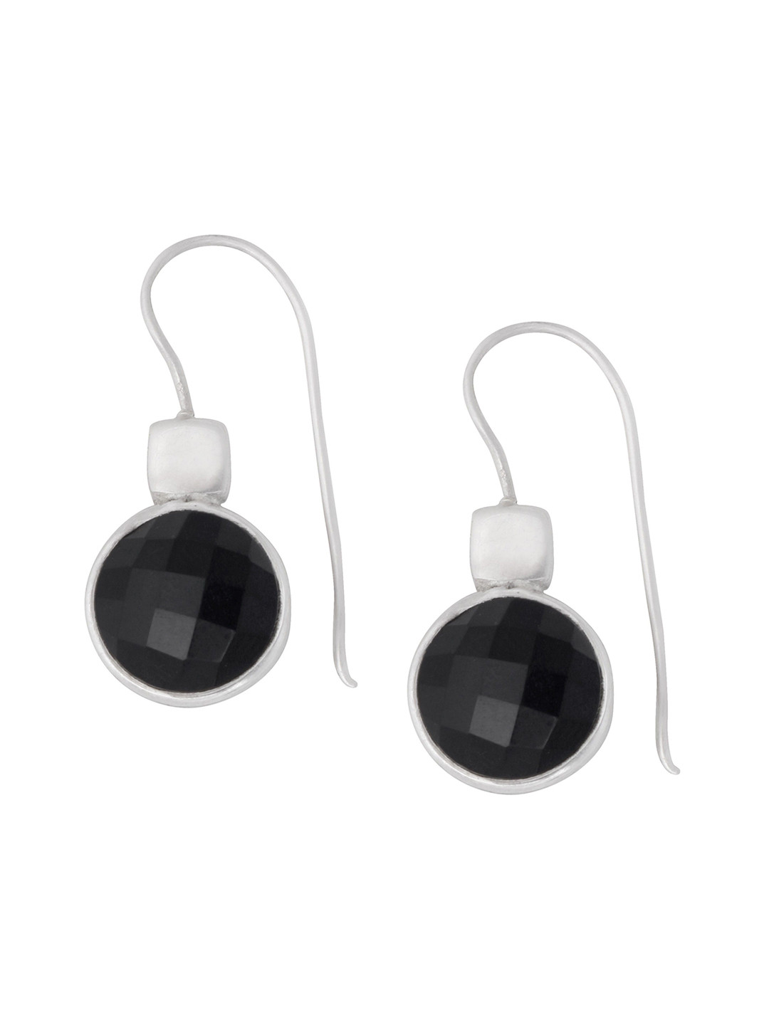 Exotic India Faceted Black Onyx Gemstone Sterling Silver Round Studded Earrings