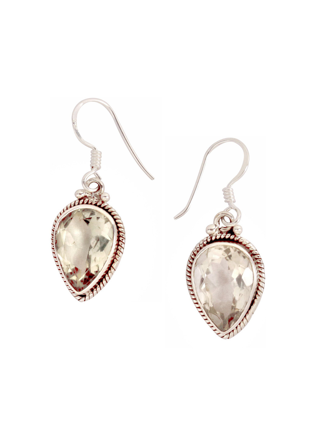 Exotic India Faceted Green Amethyst Tear-Drop Sterling Silver Earrings