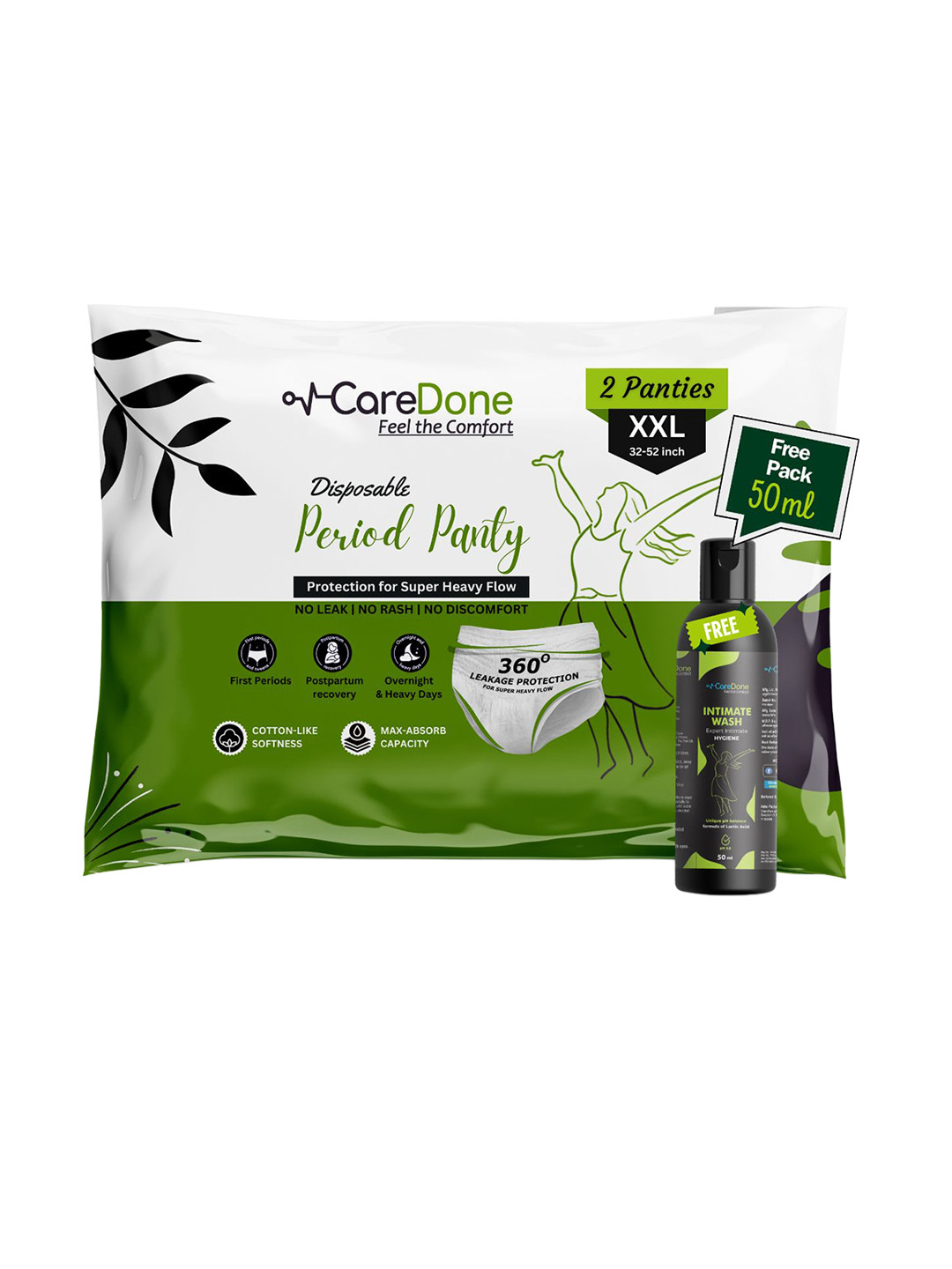 CareDone Pack of 2 Disposable Cotton Period Panties With Intimate Gel - XXL+50ml