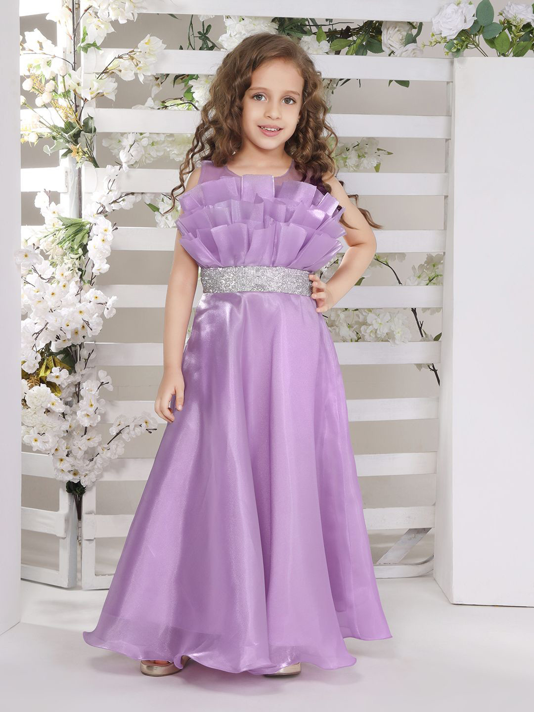 Ministitch Girls A-line Organza Maxi Dress with Silver Studded Belt