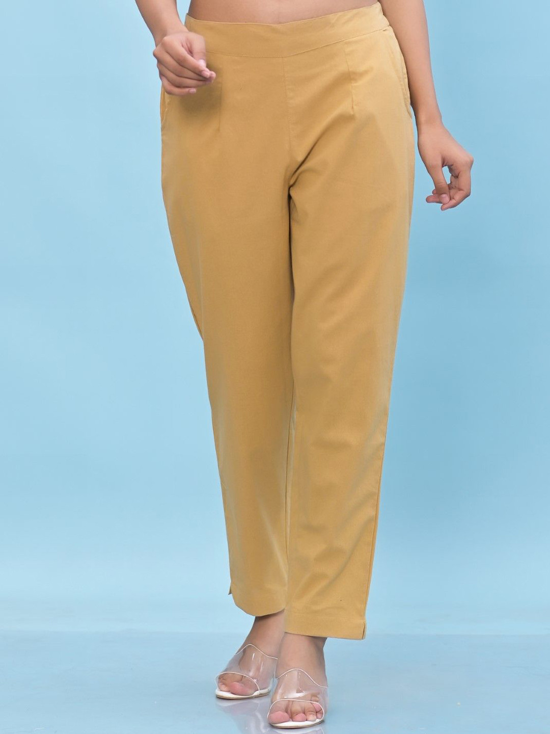 Juniper Gold Solid Cotton Pants With Partially Elasticated Waistband & Two Side Pockets