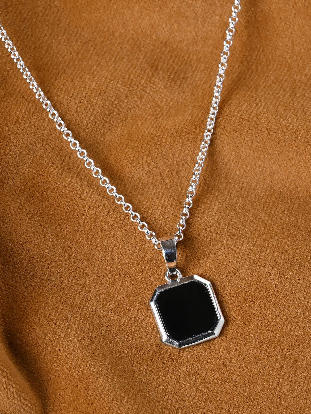 Clara Men Rhodium-Plated 925 Sterling Silver Onyx-Studded Pendant & Chain