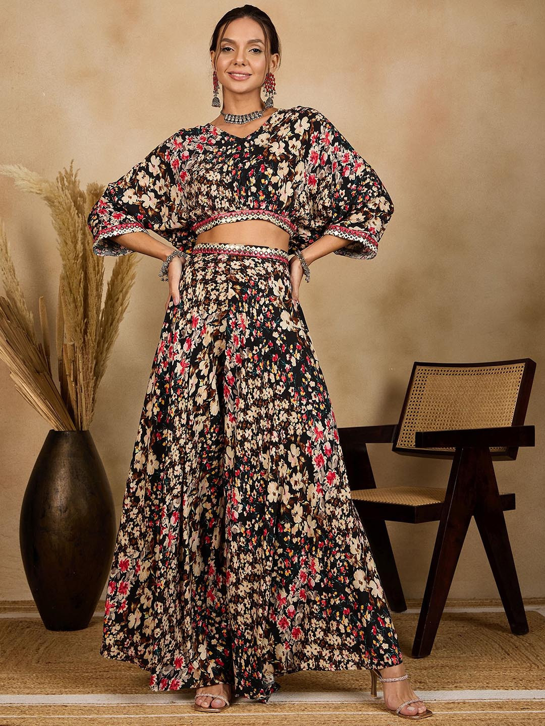 WinRed Printed Oversized Crop Top With Flared Palazzos Co-Ords