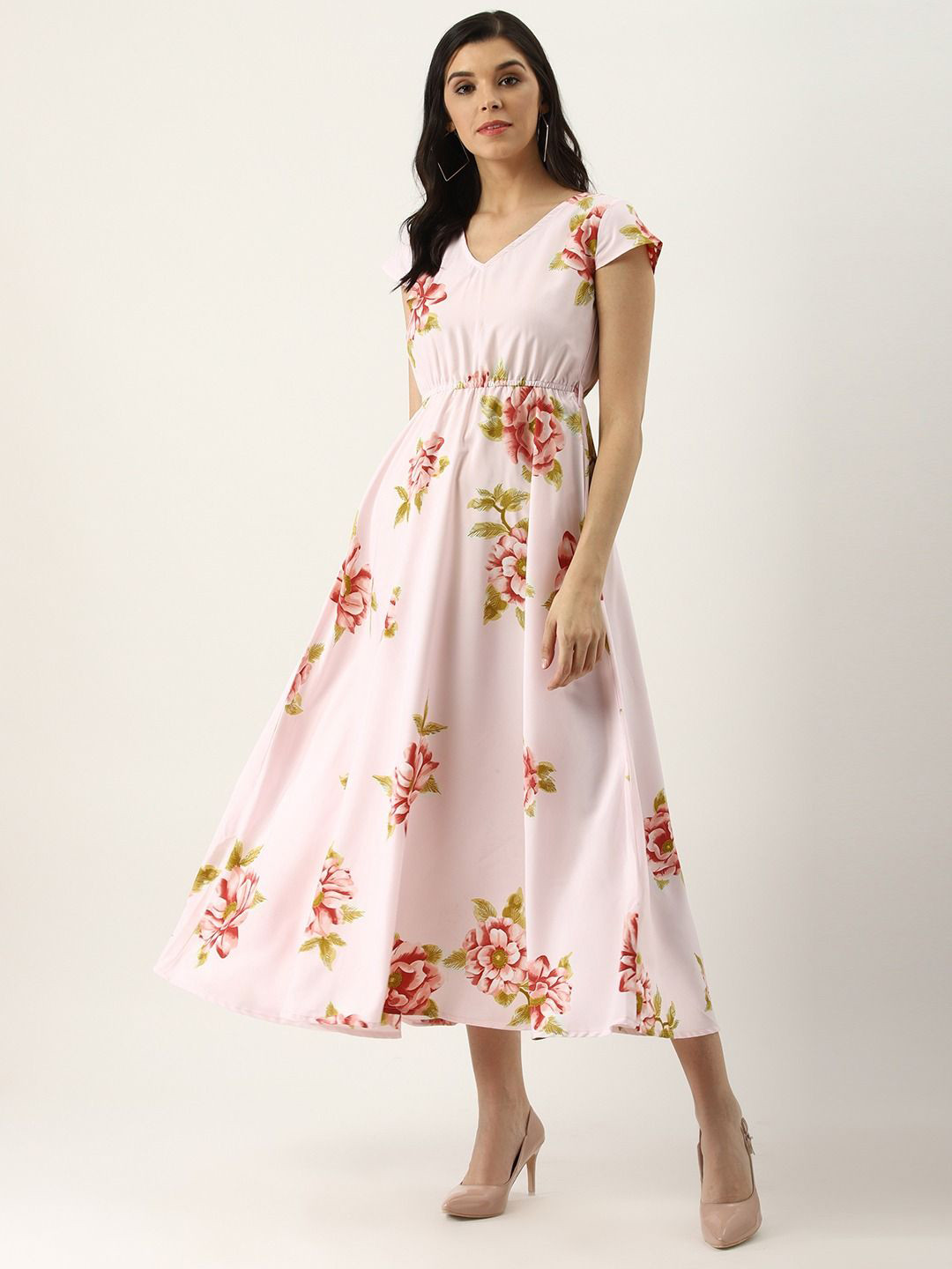 U&F Floral Print Crepe V-Neck Fit and Flare Maxi Dress