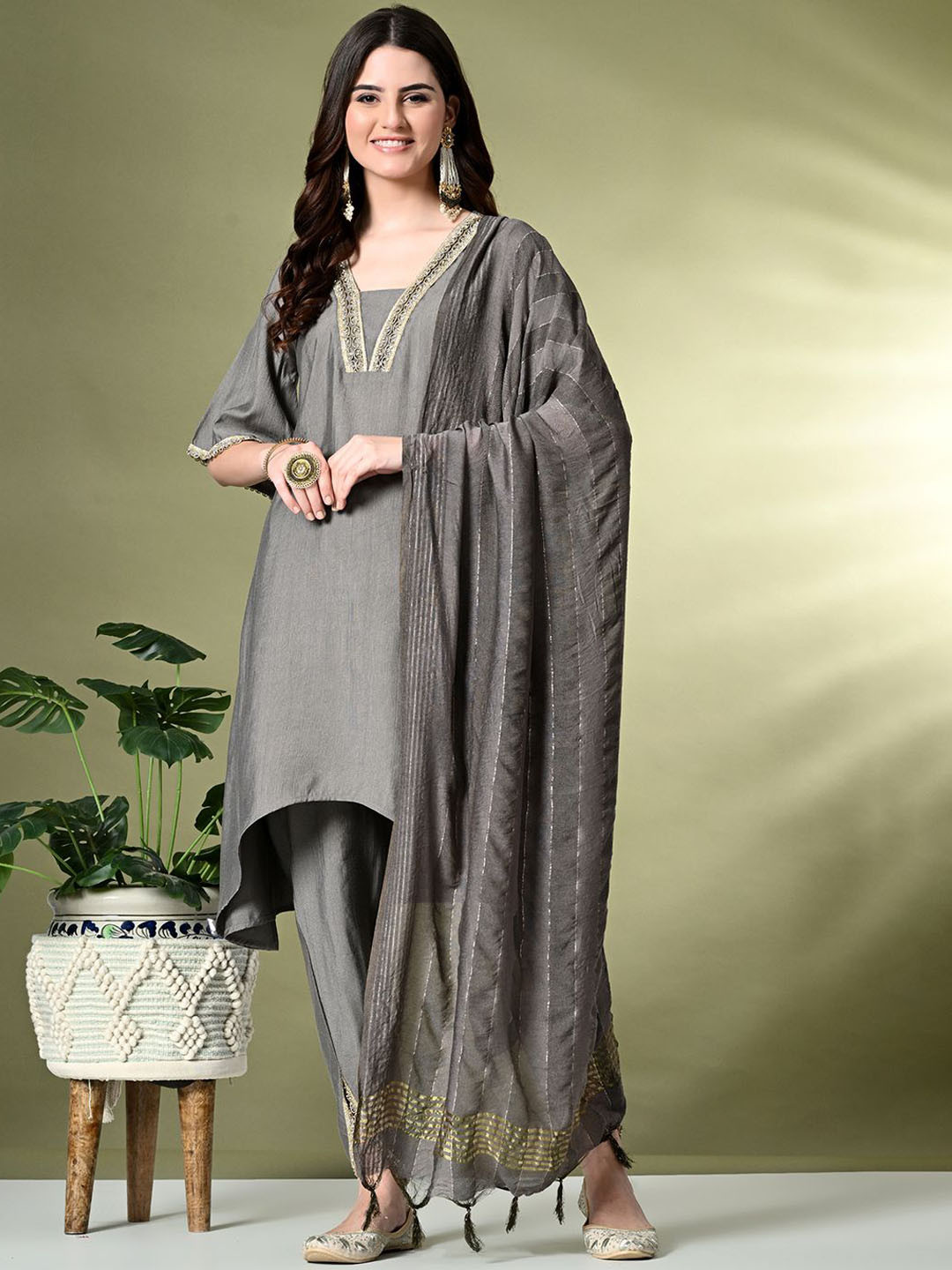 Sangria Grey Ethnic Motifs Yoke Design Beads & Stones A-Line Fusion Kurta Set