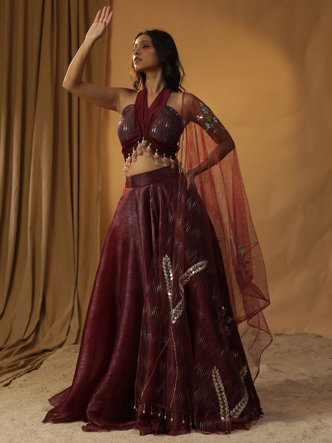 ARPITA SULAKSHANA Embellished Halter Neck Made to Measure Lehenga & Blouse With Dupatta