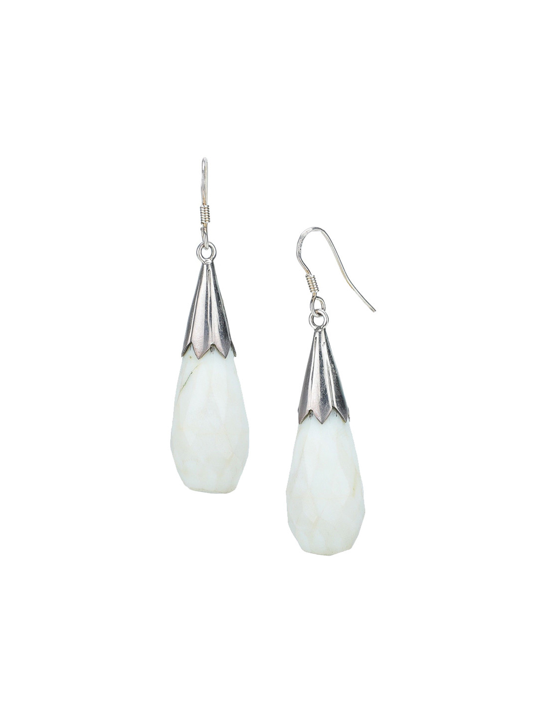 Exotic India Faceted White Agate Stone Drop Cut Topped Sterling Silver Earrings