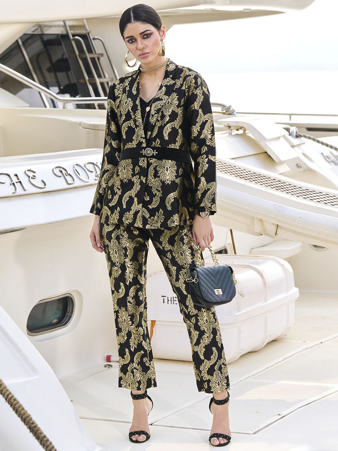 MOJILAA Woven Design Blazer Crop Top Belt Jacket & Trouser Co-Ords