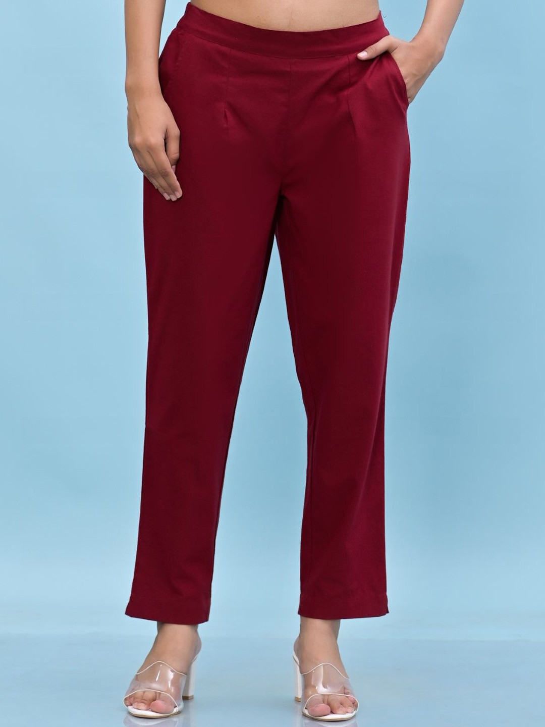 Maroon Solid Cotton Pants With Partially Elasticated Waistband And Two Side Pockets