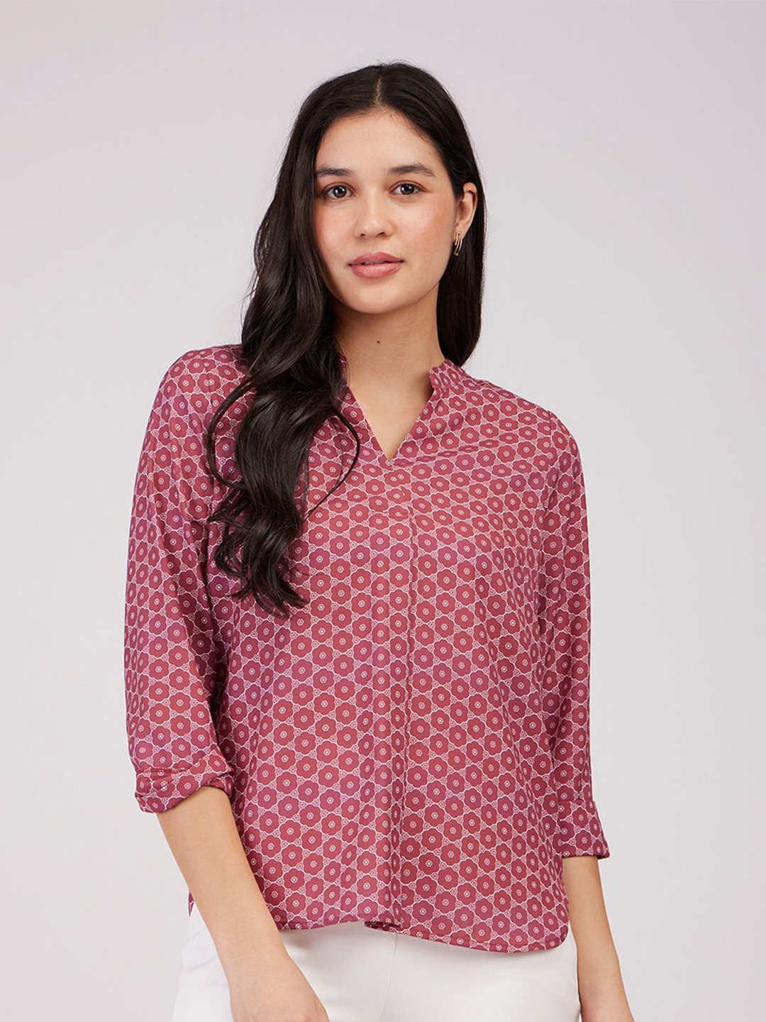 FableStreet Geometric Print Mandarin Collar Red Top