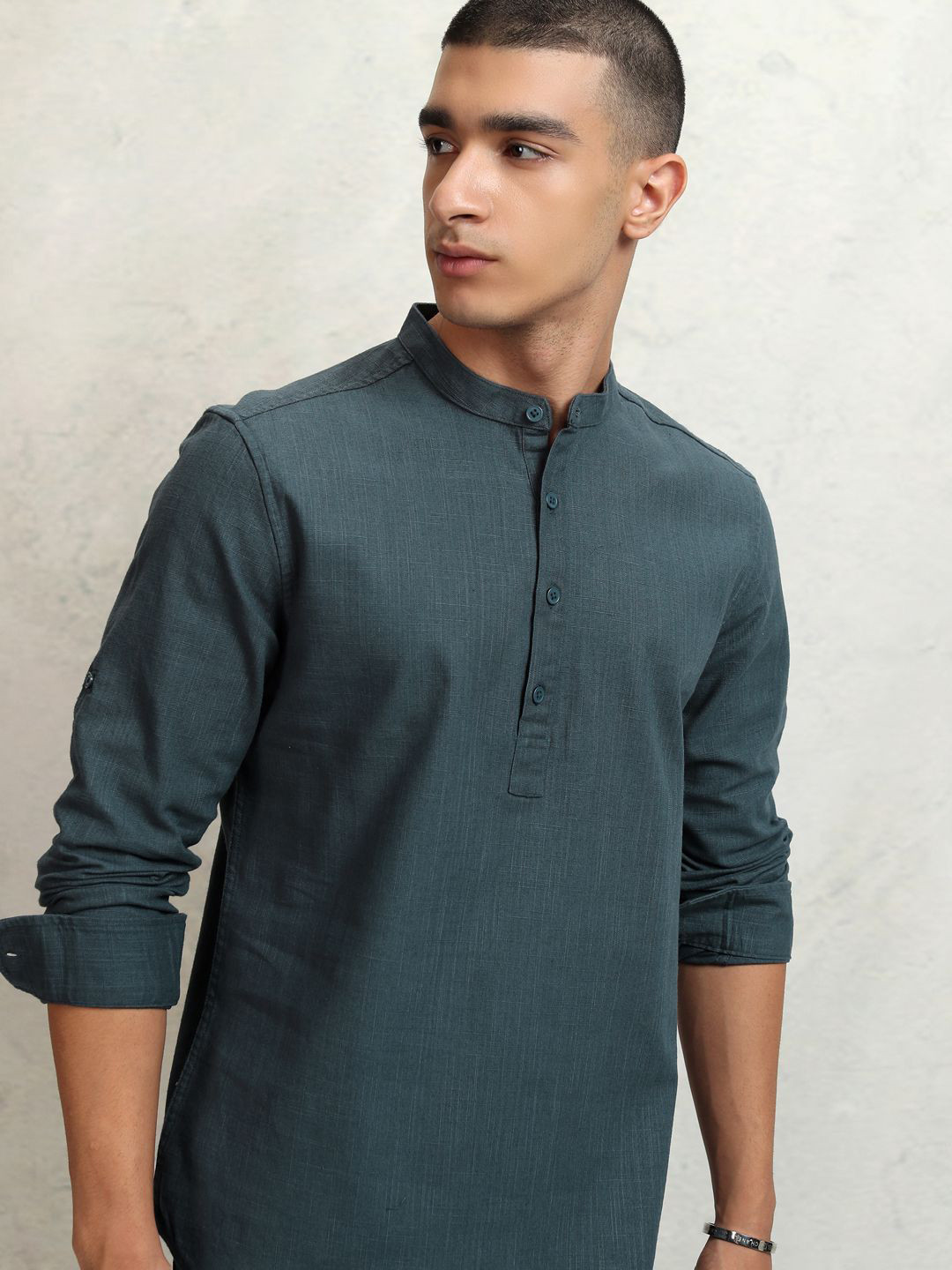 HIGHLANDER Men Solid Mandarin Collar Half Placket Roll-Up Sleeve Casual Shirt