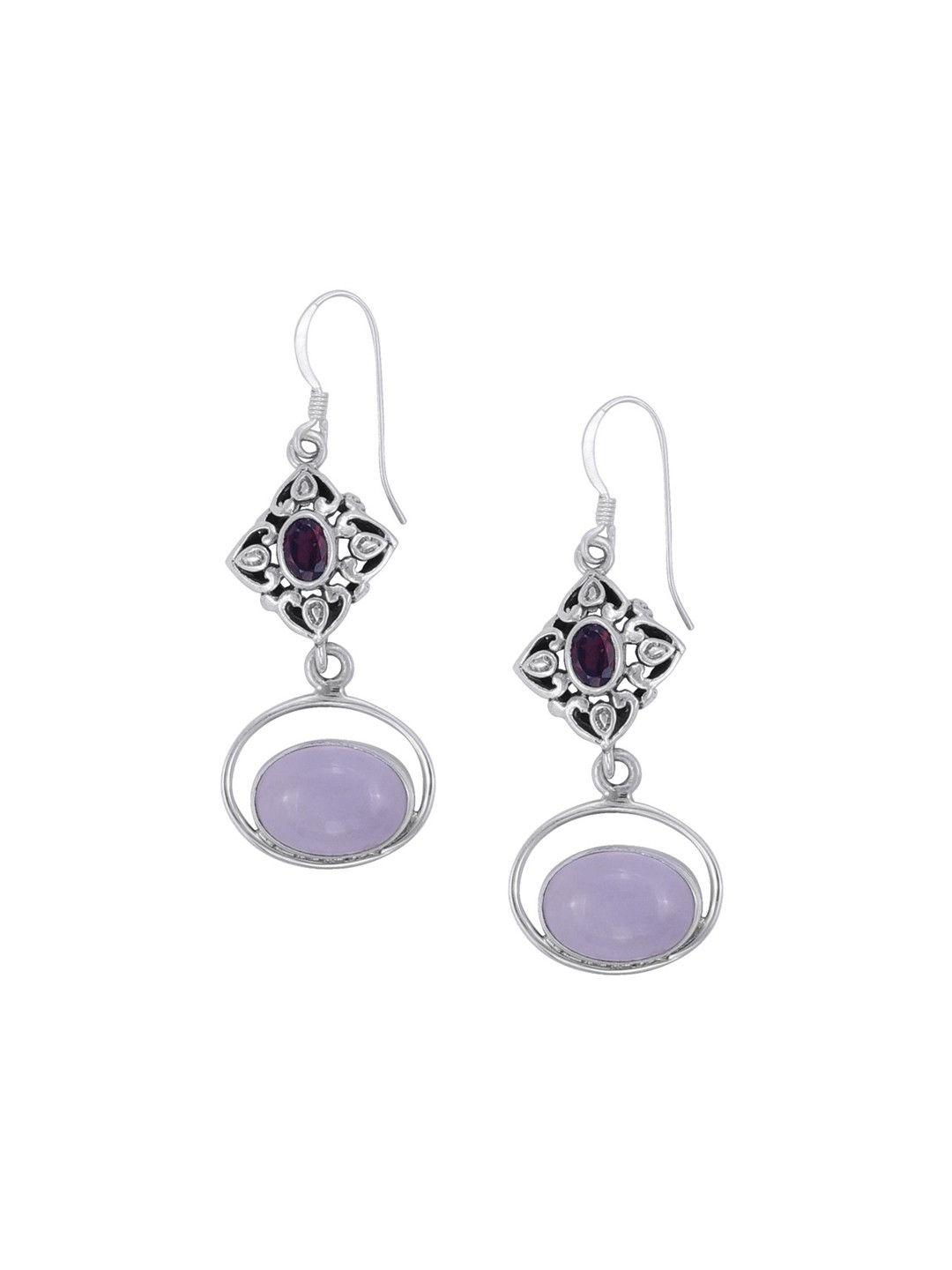 Exotic India Rose Quartz With Garnet Gemstone Sterling Silver Dangle Earrings