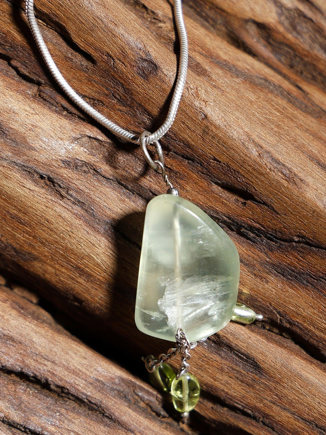 Exotic India Tumble Prehnite Gemstone Sterling Silver Pendant