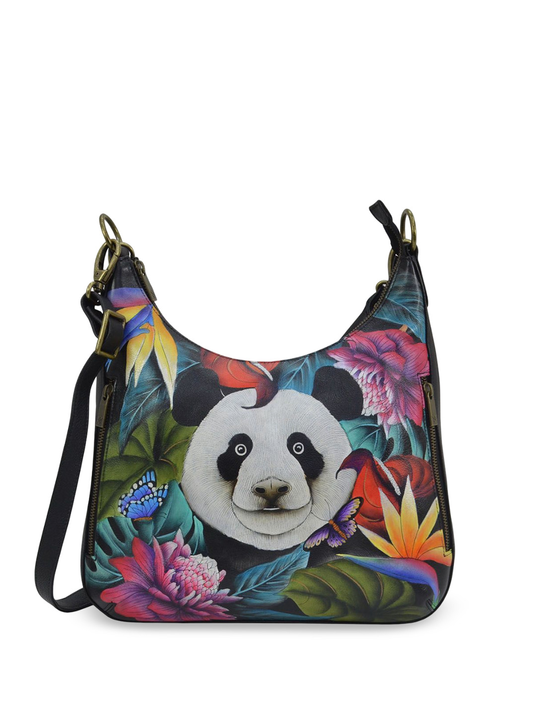 Anuschka Women Happy Panda Hand Painted Leather Slim Convertible Crossbody Handbag Hobo Bag