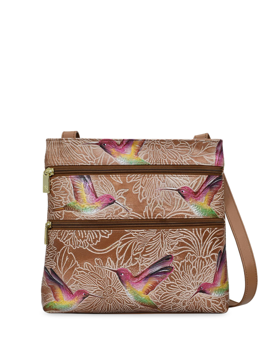 Anuschka Women Tooled Birds Tan Hand painted Leather Medium Crossbody