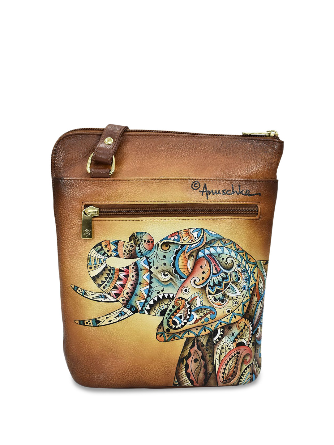 Anuschka Women Elephant Mandala Hand Painted Leather Organizer Crossbody Bag with Zipper