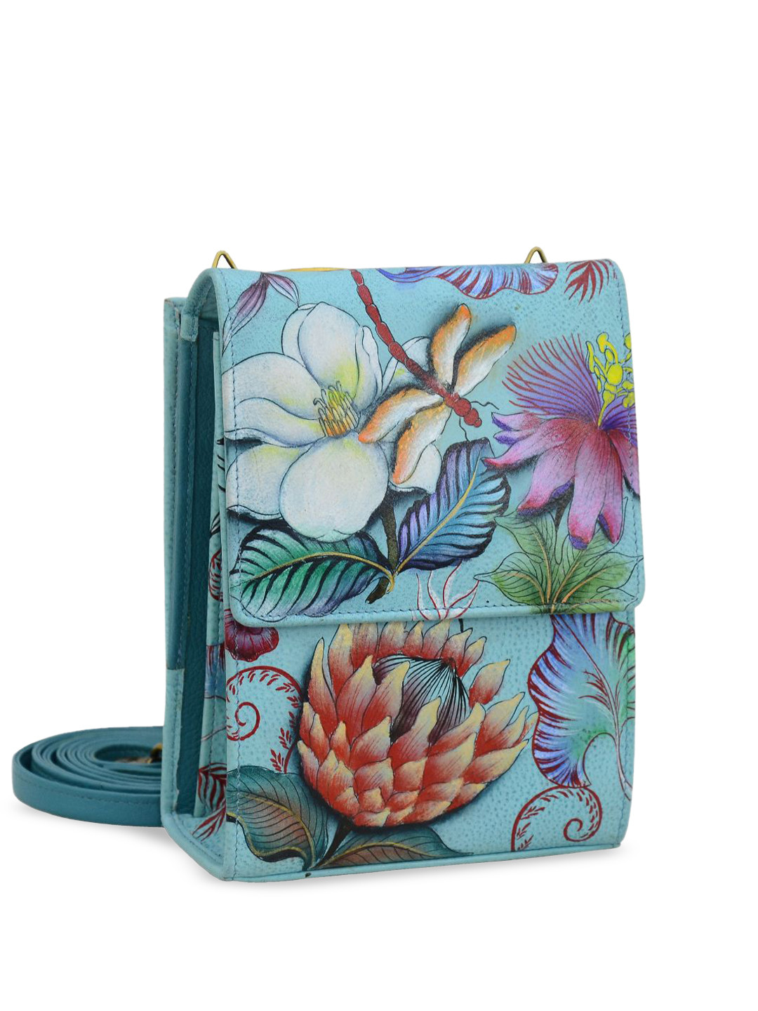 Anuschka Women Jardin Bleu Hand Painted Leather Triple Compartment Crossbody Handbag