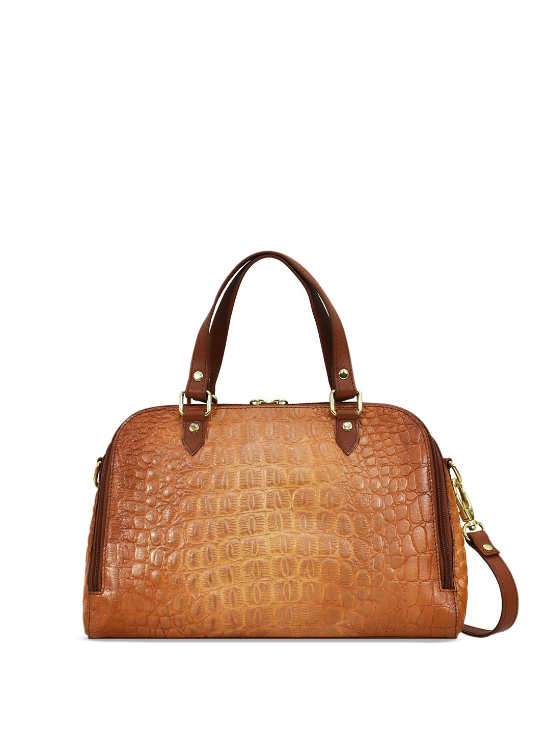 Anuschka Women's Croc Embossed Caramel Handpainted Leather Wide Organizer Satchel