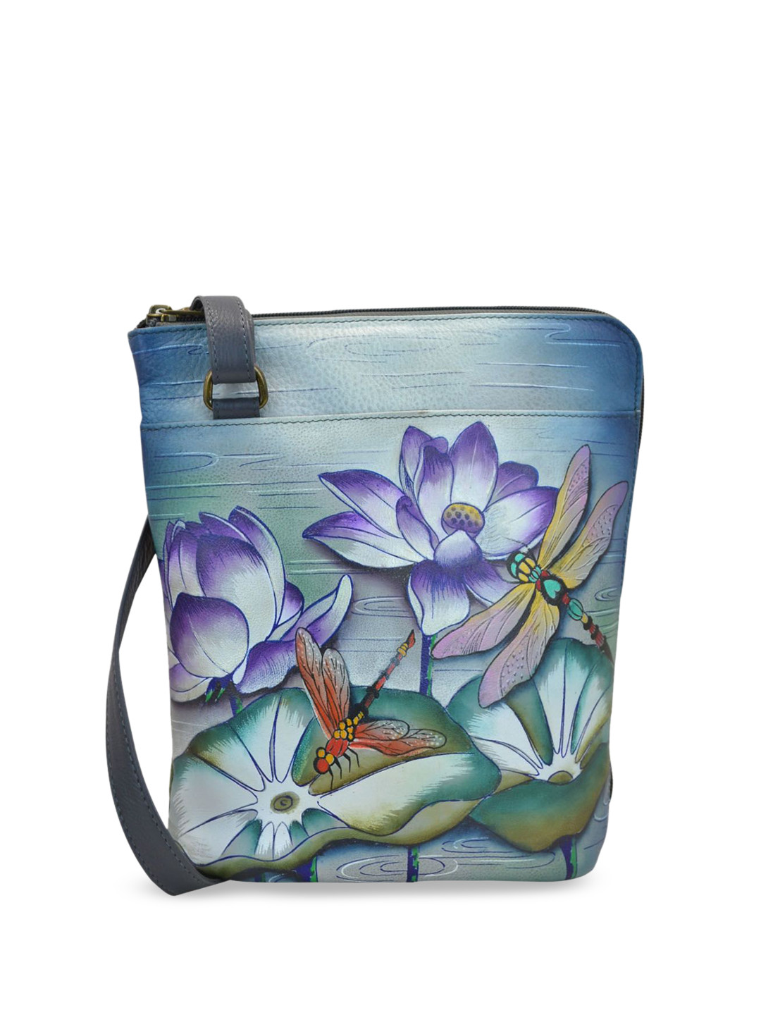 Anuschka Women Tranquil Pond Hand Painted Leather Organizer Crossbody Bag with Side Zipper