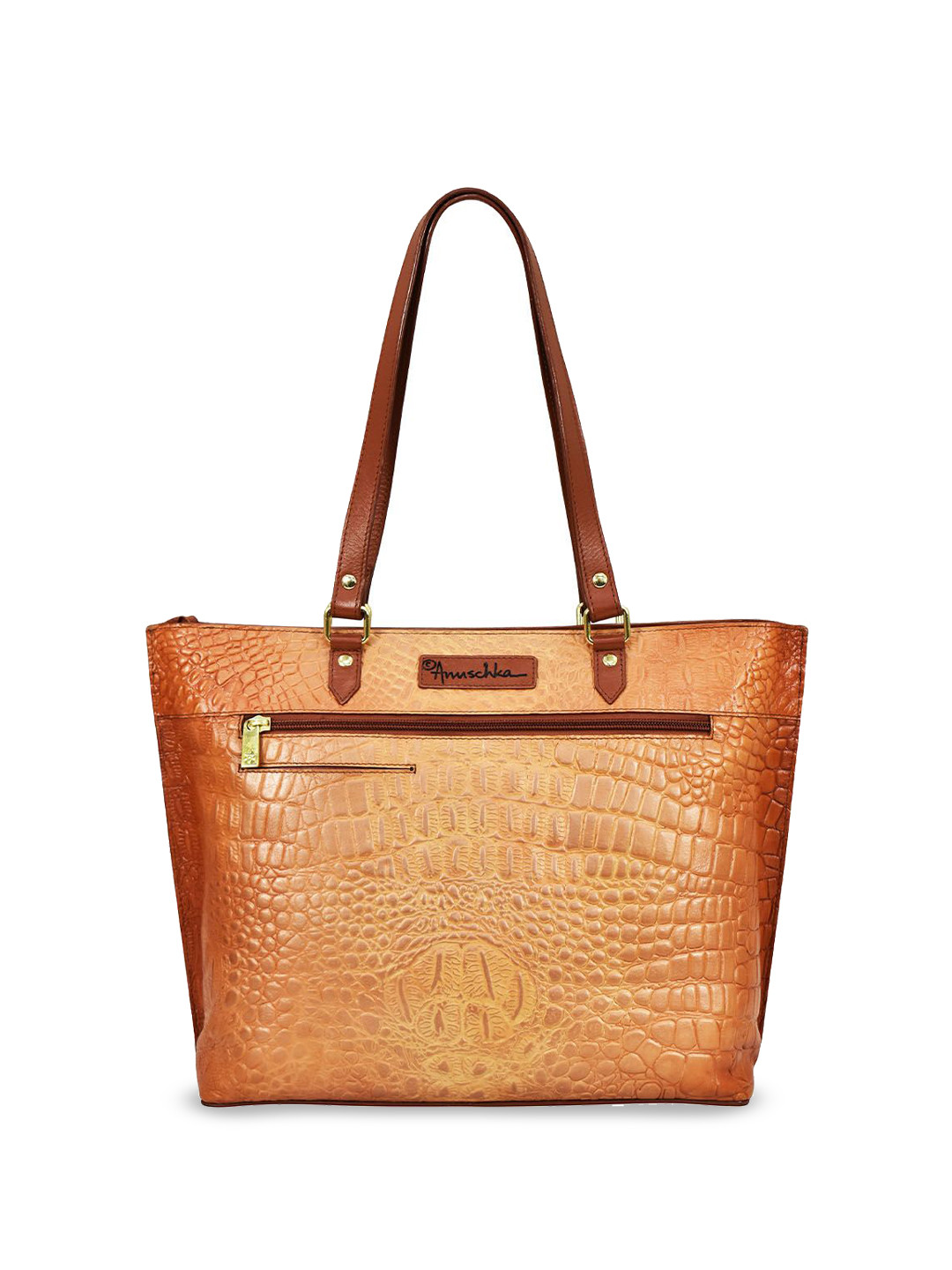 Anuschka Women's Croc Embossed Caramel Handpainted Leather Large Tote