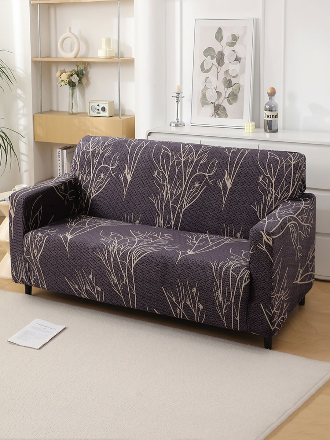 HOKIPO Coffee Brown & Cream Coloured Floral Printed Two Seater Sofa Cover With Arms