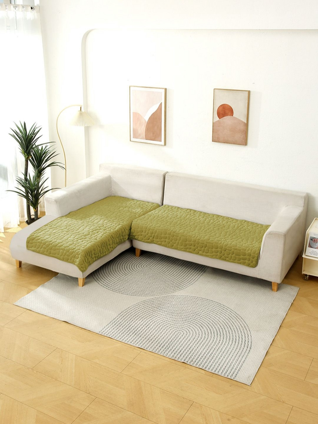 HOKIPO Pristine Green Premium Pebble Milk Velvet  L Shape Sofa Cover