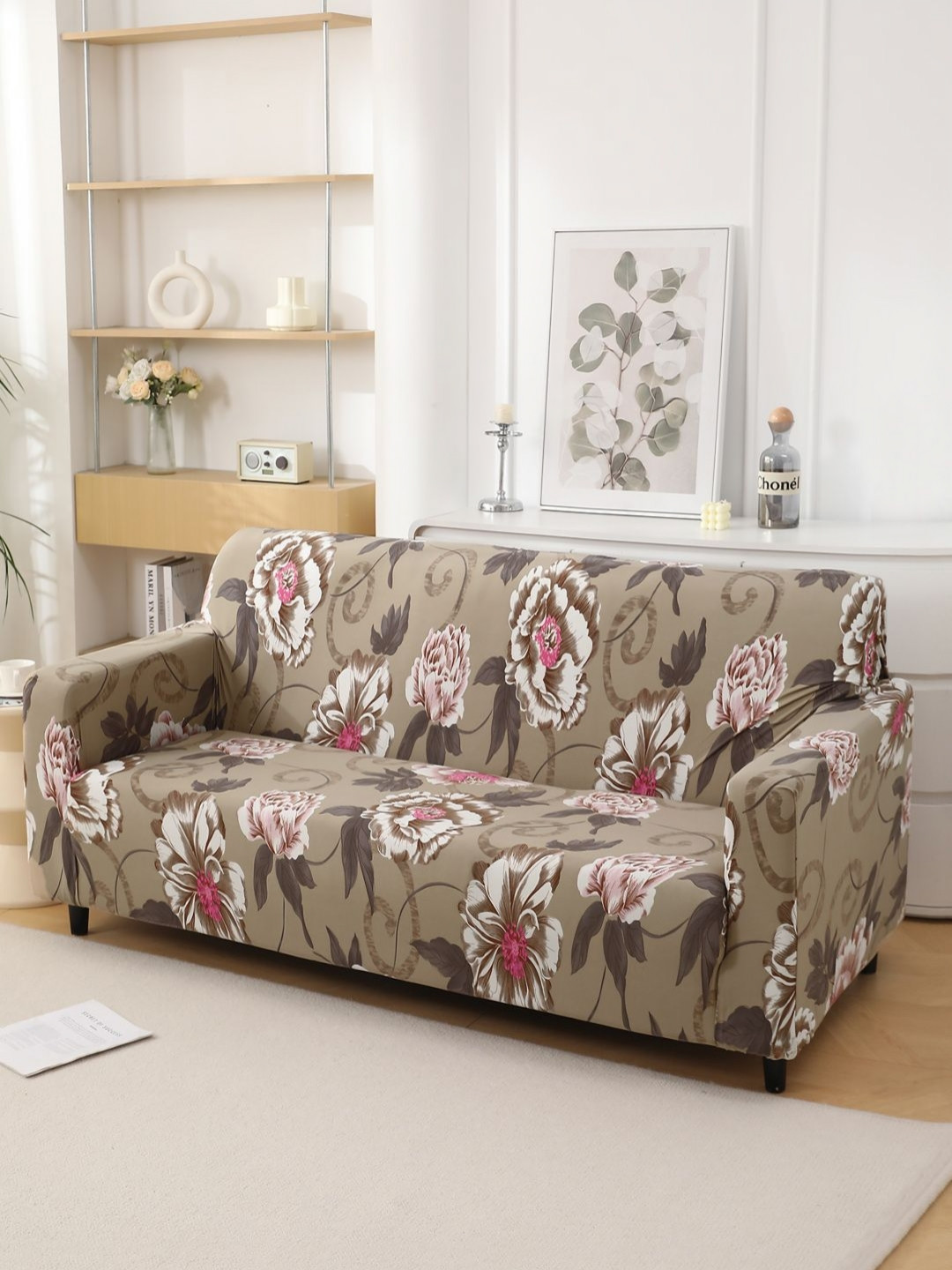 HOKIPO Olive Green & White Printed 140 GSM Stretchable 2 Seater Sofa Cover With Arms