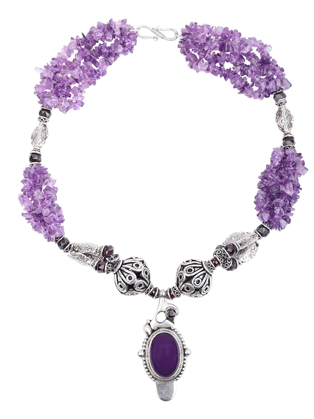 Exotic India Graceful Amethyst Gemstone With Garnet Beads Sterling Silver Necklace