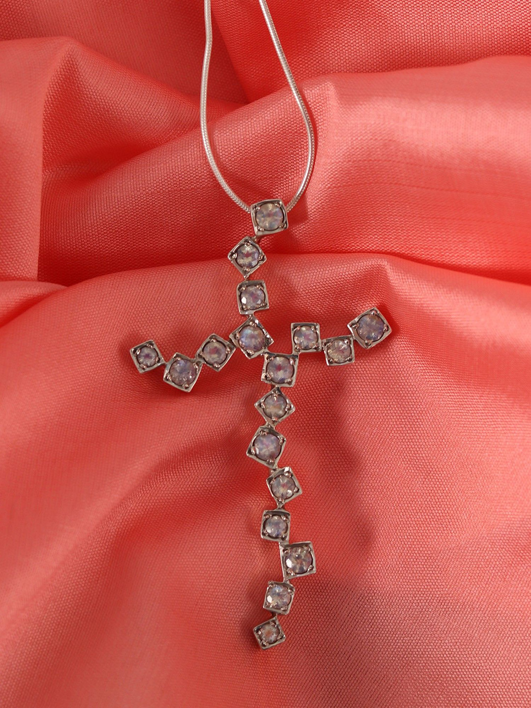 Exotic India Moonstone Asymmetric Cross Sterling Silver Pendant