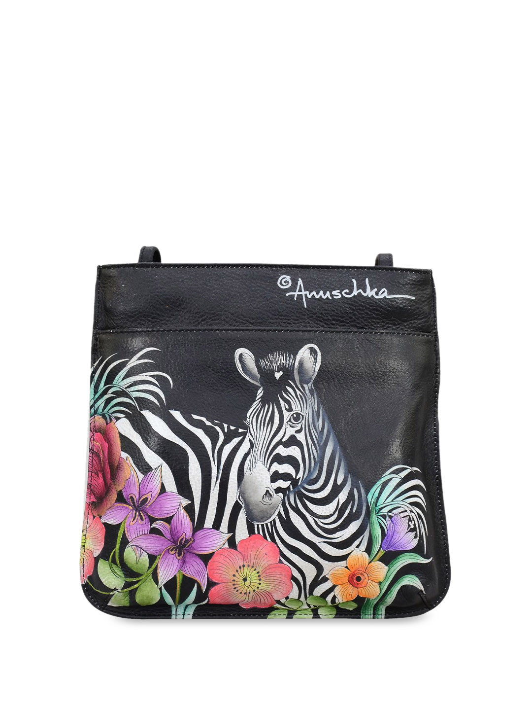 Anuschka Women Playful Zebras Hand Painted Leather Slim Crossbody With Front Zip