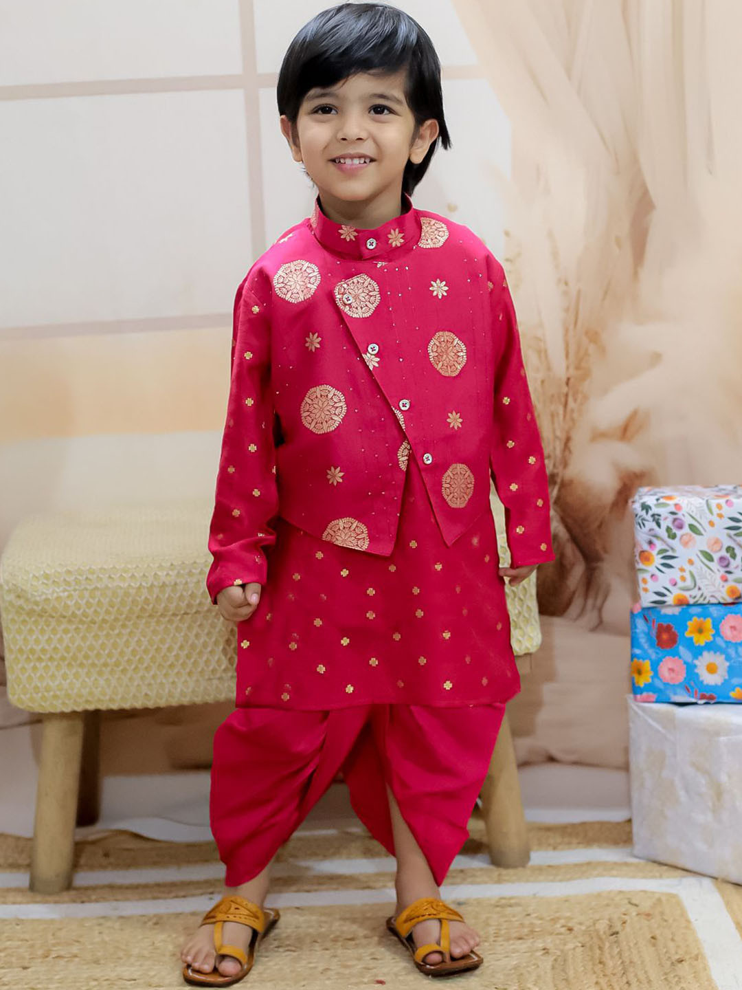 BownBee Boys Ethnic Motifs Printed Sequinned Kurta With Attached Jacket And Dhoti Pants