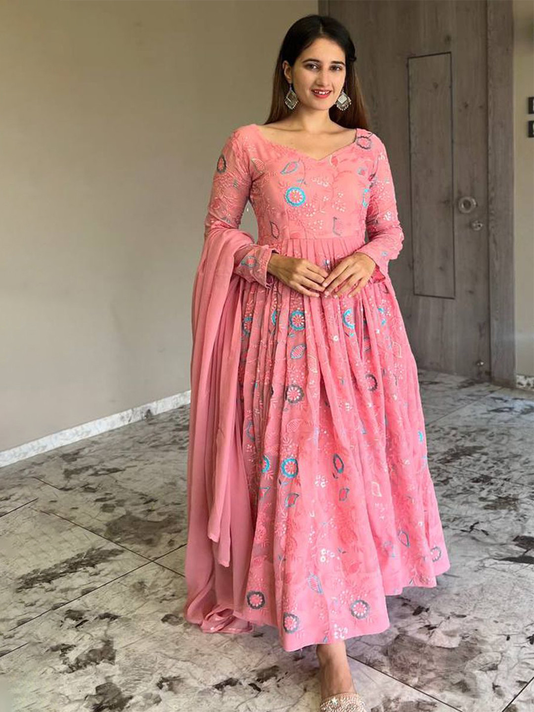 Fashionuma Embriodery Floral Printed Georgette Maxi Dress With Dupatta