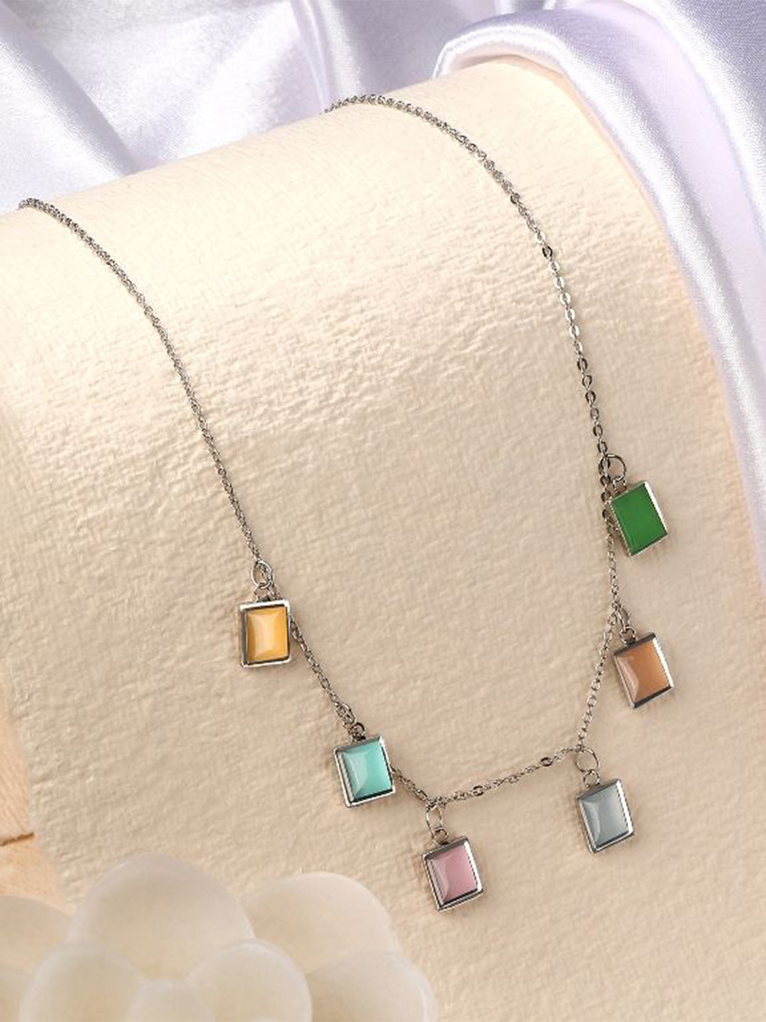 Cierra Silver-Plated Crystals Studded Astonish Squire Shape Necklace