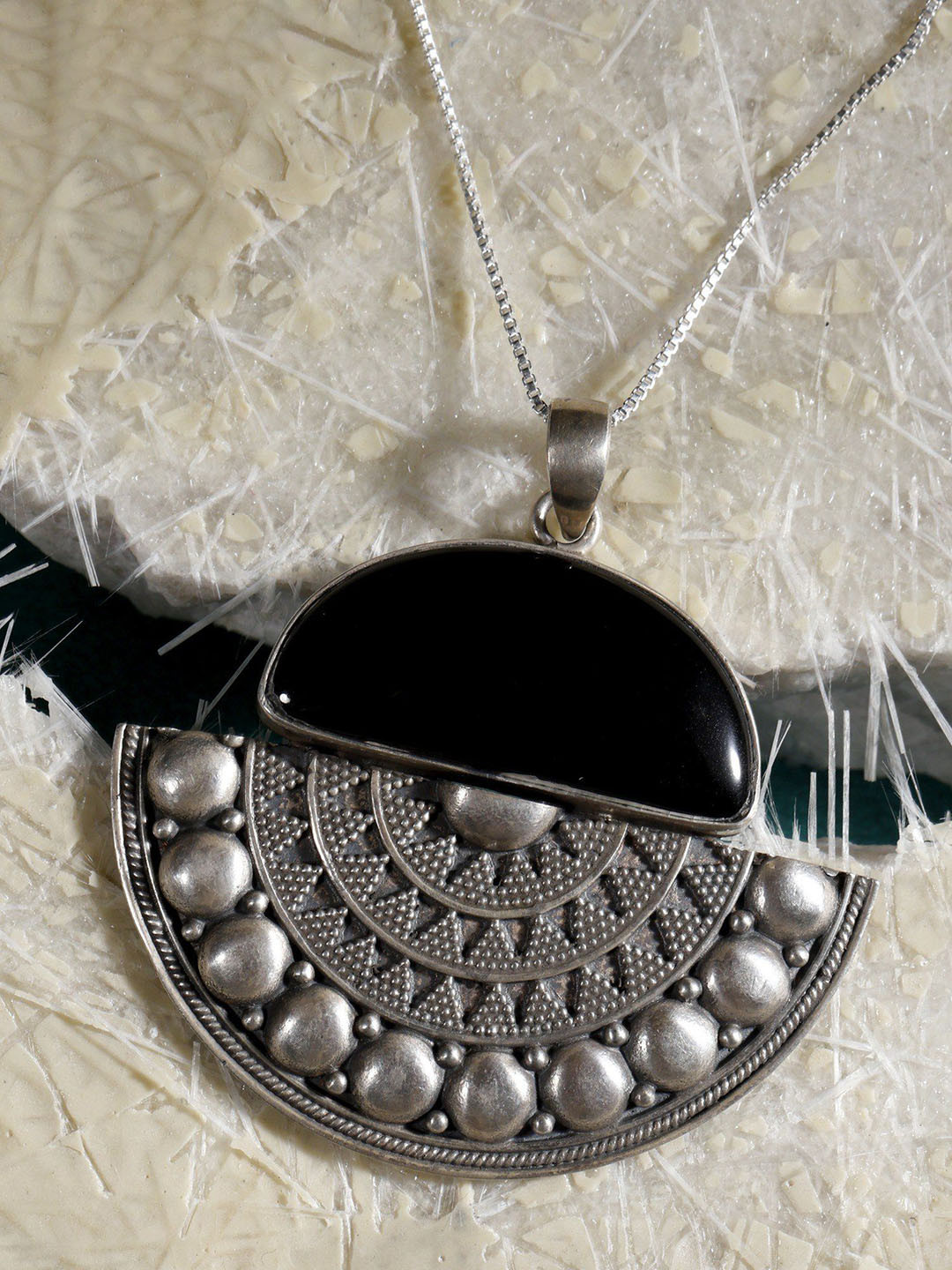 Exotic India Black Onyx Gemstone Sterling Silver Filigree Pendant