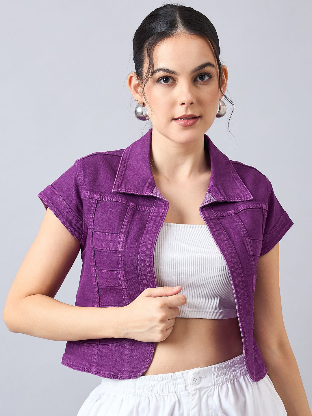 Style Quotient Open Front Crop Cotton Denim Shrug