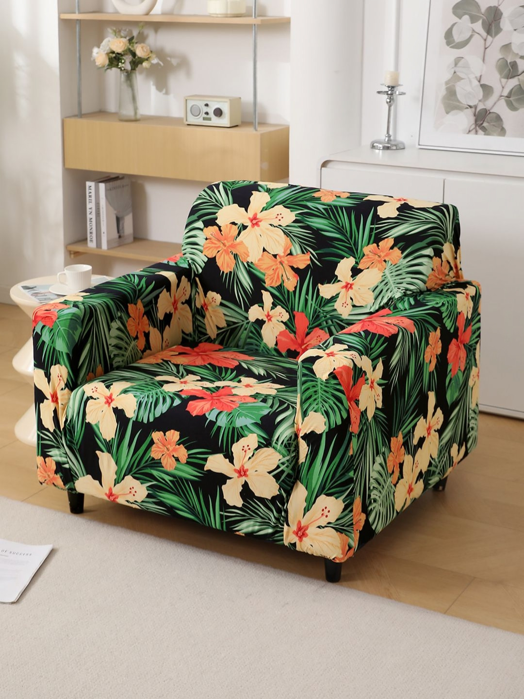 HOKIPO Gree & Orange 1 Seater Sofa Cover With Arms