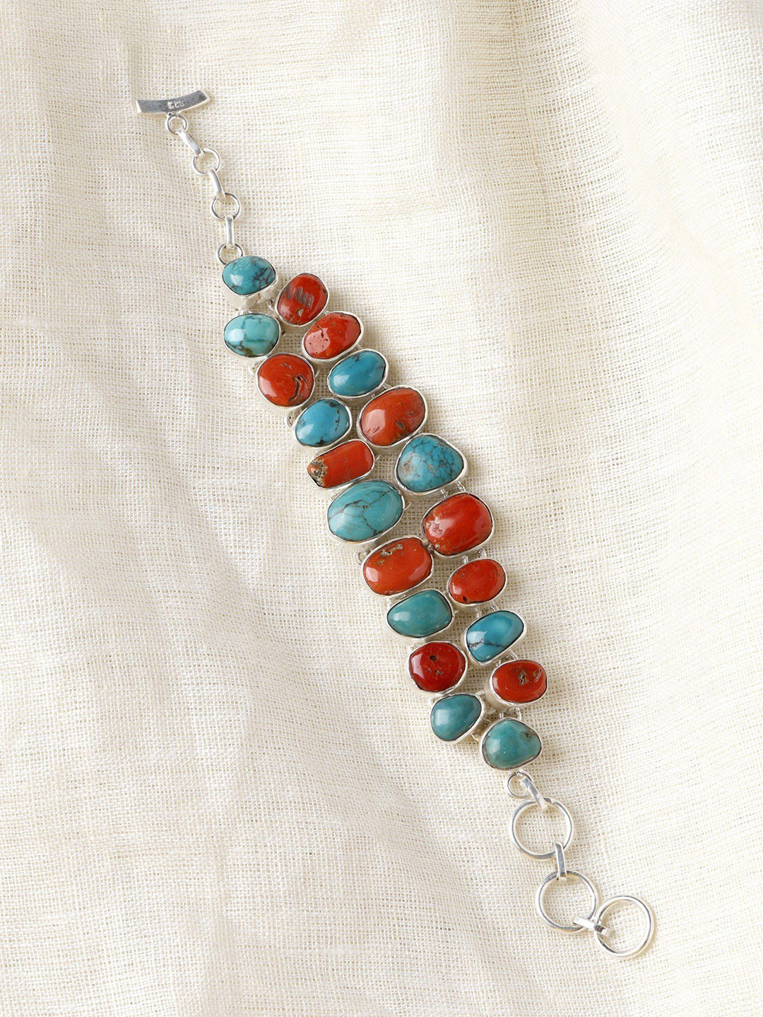 Exotic India Coral and Turquoise Sterling Silver Toggle Bracelet