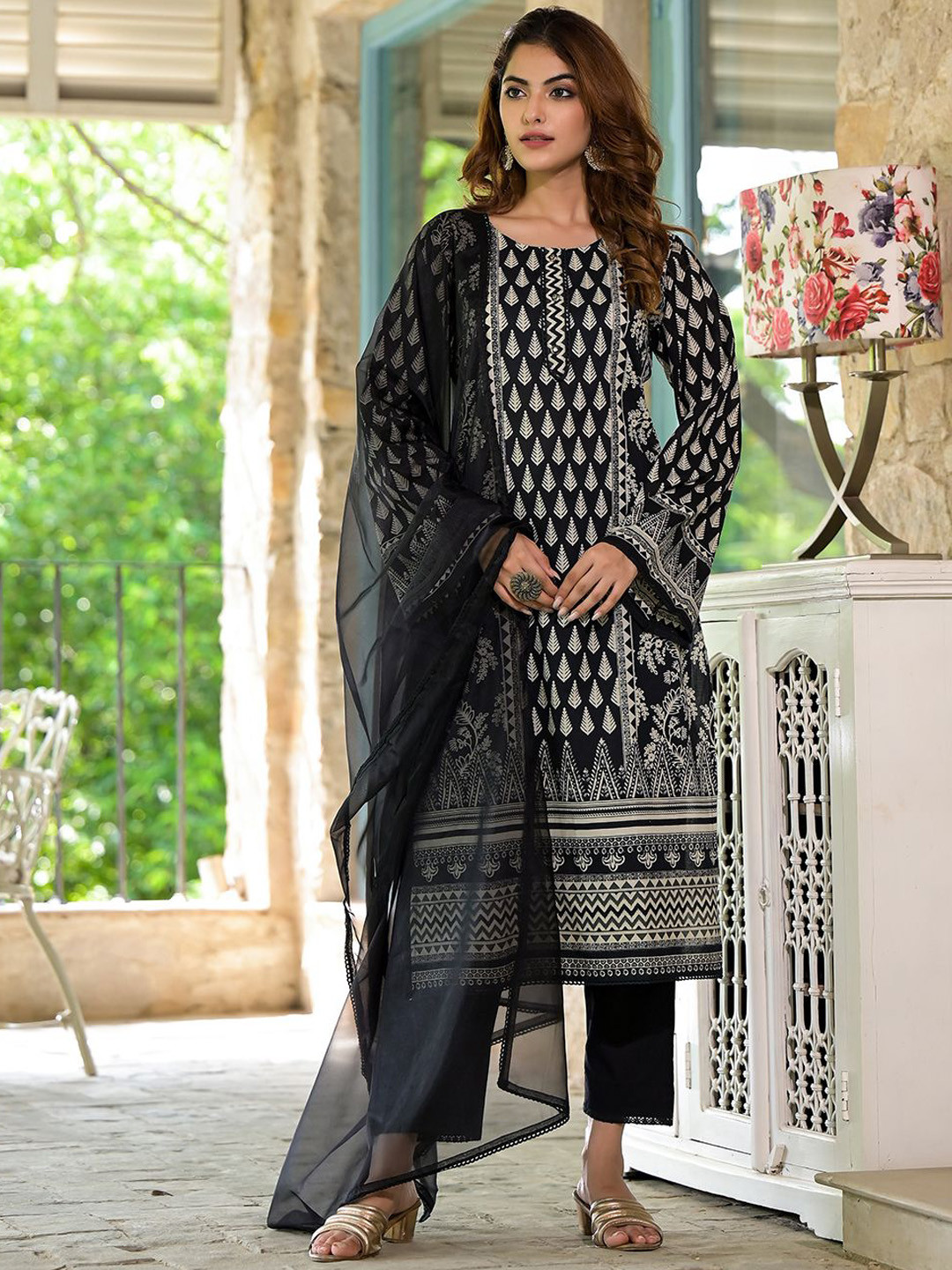 Divena Ethnic Motifs Printed Pure Cotton Lace Detail Straight Kurta With Trouser & Dupatta